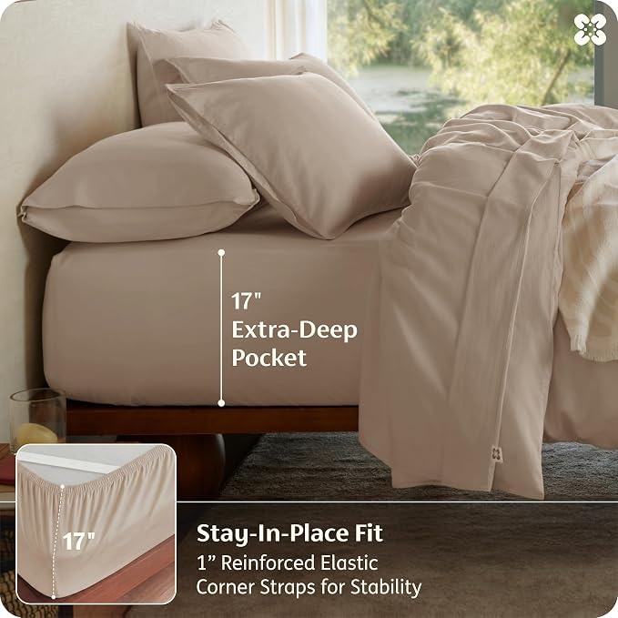 Bedsure 100% GOTS Certified Organic Cotton Sheets, California King Sheet Sets, 17" Deep Pocket Bedsheets with Corner Straps, Eco-Friendly, Soft & Luxury PureWoven Cotton Hotel Bedding, Light Brown