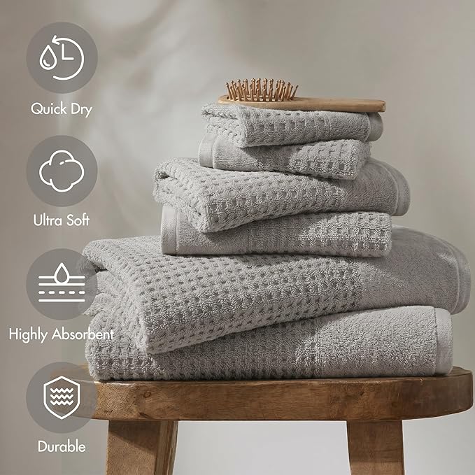 Madison Park Spa Waffle 100% Cotton Luxurious Towel Set, Premium Texture Waffle Weave, Highly Absorbent, Quick Dry, Hotel & Spa Quality Wash Clothes for Bathroom, Assorted Sizes, Grey 6 Piece