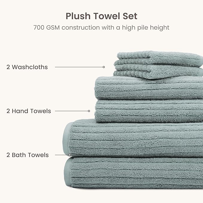 BIOWEAVES 100% Organic Cotton 6-Piece Luxury Bathroom Ribbed Towel Set GOTS Certified 700 GSM, 2 Bath Towel, 2 Hand Towel & 2 Wash Cloths - ICY Fjord