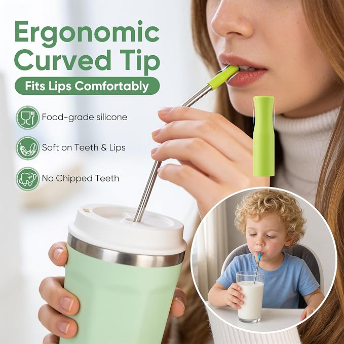 16 Pack Reusable Stainless Steel Metal Straws for 20-30 oz Tumblers, Comes with 6 Silicone Tips, 3 Cleaning Brushes & Storage Pouch, BPA Free Drinking Straws