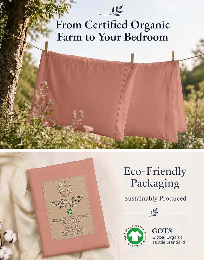 LANE LINEN 100% Organic Cotton Fitted Sheet Full Size Set (No Flat Sheet) - Soft & Breathable Percale Weave Fitted Sheet Set - 15'' Deep Pocket for Snug Fit - GOTS Certified - Rose Dawn