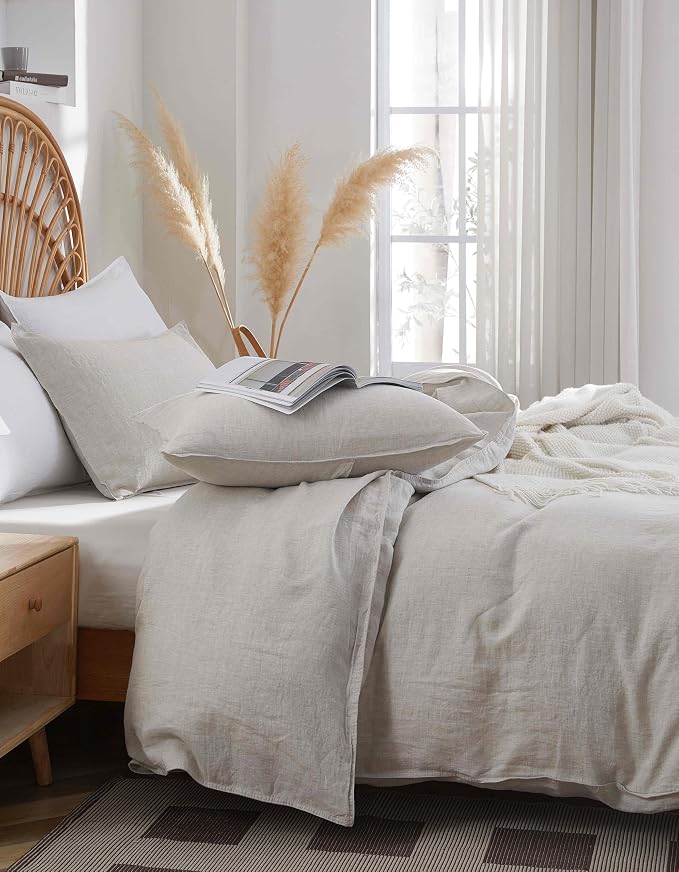 100% French Flax Linen Duvet Cover Set, Queen Size 90''x90'' 3 Pcs with 8 Corner Ties and Button Closure, Soft and Breathable for All Season (Natural Linen, Queen)