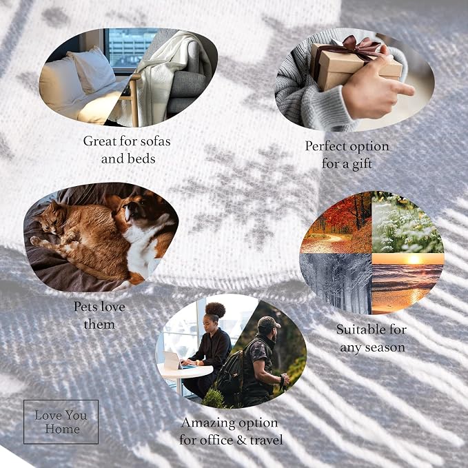 LYHome Merino Wool Blanket - Warm Throw for Cold Weather, Warmest Travel Outdoor Camping Blankets, Picnic Army and Military Throws, Comforter Soft & Cozy (55" x 79" Navy Blue with White Raindeers)
