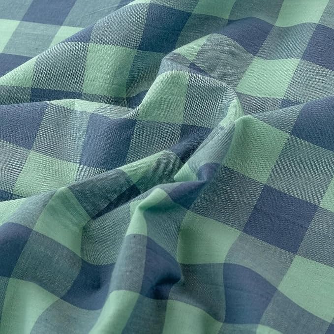mixinni Green Gingham Grid Duvet Cover Full, 100% Washed Cotton Modern Geometric Bedding Set with 2 Pillowcases, Farmhouse Style Blue Plaid Comforter Cover Set for Men & Women, Soft & Lightweight