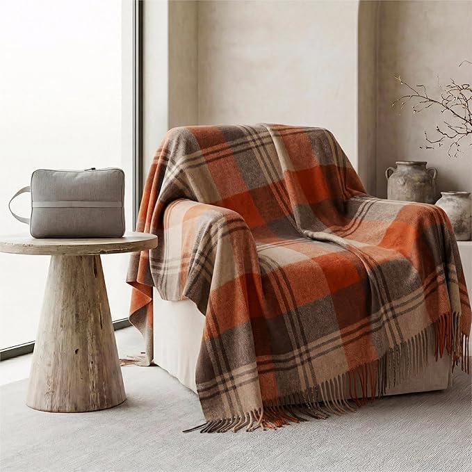 Soft Pure Wool Throw Blanket, Lightweight Warmth, 55"x83", Plaid, Fringe, Compact with Bag, Useful Gift for Women Men, All Season Decorative Cozy Travel Blanket for Couch Bed, Outdoors