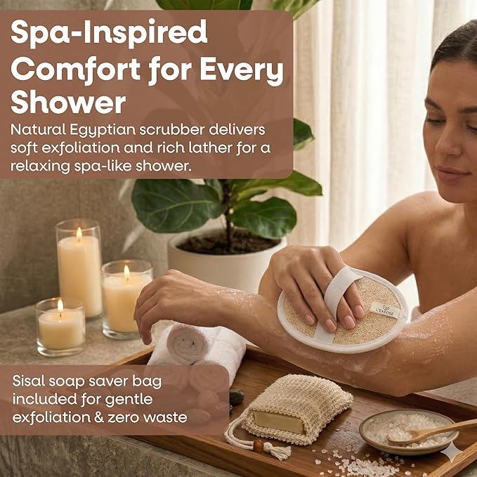 L'Exfose Organic Natural Loofah Body Scrubber for Shower – Dual Sided Egyptian Fiber Plastic Free Loofah – Quick Dry Natural Body Scrubber with Sisal Soap Saver Bag – Minimal Spa Gift for Men Women