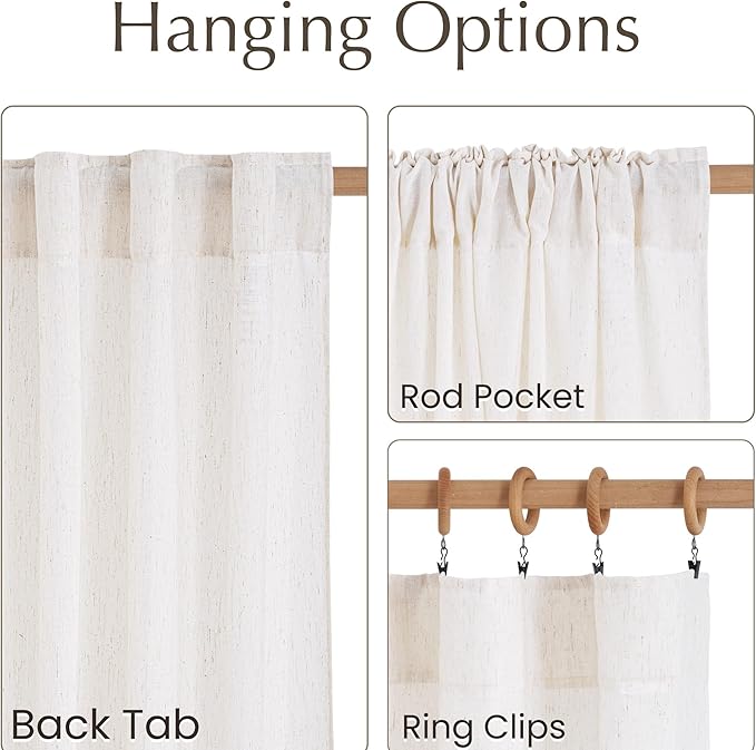 NICETOWN Linen Cream Curtains for Bathroom 45 inches Long, Rod Pocket & Back Tab Semi Sheer Window Treatments Privacy Added with Light Filtering Drapes for Bedroom, W55 x L45, 2 Panels