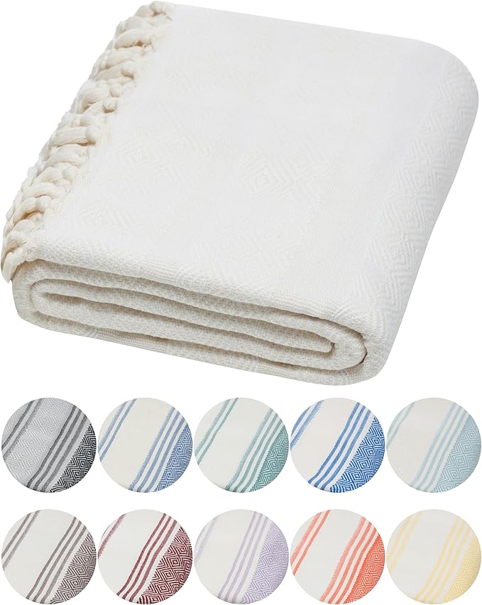 DEMMEX Organic Diamond Turkish Bath & Beach Towel - 100% Oeko-TEX Certified Cotton - Ultra-Soft, Quick-Dry, Lightweight, Compact Luxury Peshtemal Towel, Prewashed, Oversized, 71"x36", White
