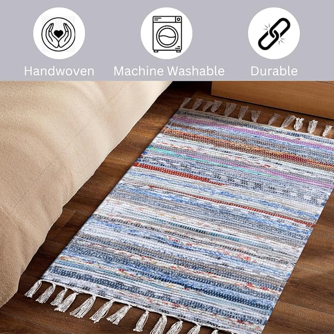 Cotton Chindi Rug - Boho Rustic Area Accent Throw Rug - Area Floor Carpet for Bedroom Living Room Kitchen Dorm Entryway Hallway - 20x32 inch Hand Woven Reversible Rug Pastel Multi Color