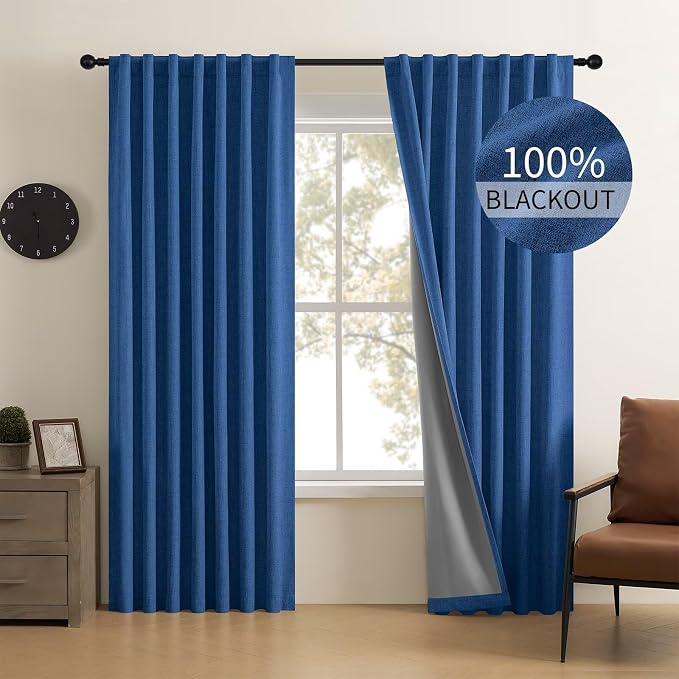 CUCRAF Custom Linen 100% Total Blackout Curtains, Navy Blue Back Tab and Rod Pocket Curtain for Living Room Bedroom, Light Blocking Drapes Thermal Insulated 1 Panel (Custom Size, Color)