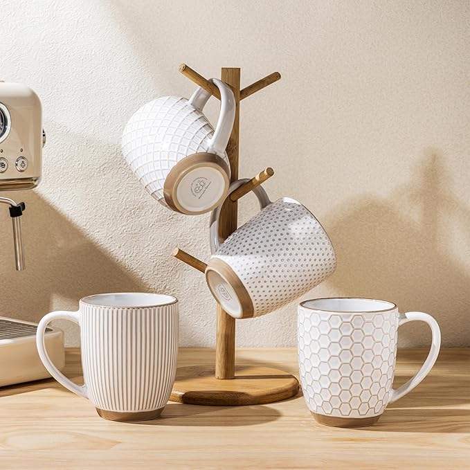 GBhome Large Coffee Mugs Set of 6, 16oz Handmade Embossed Coffee Mugs Set with Large Handle for Cappuccino/Latte/Tea/Hot Cocoa, Dishwasher & Microwave Safe, Off White