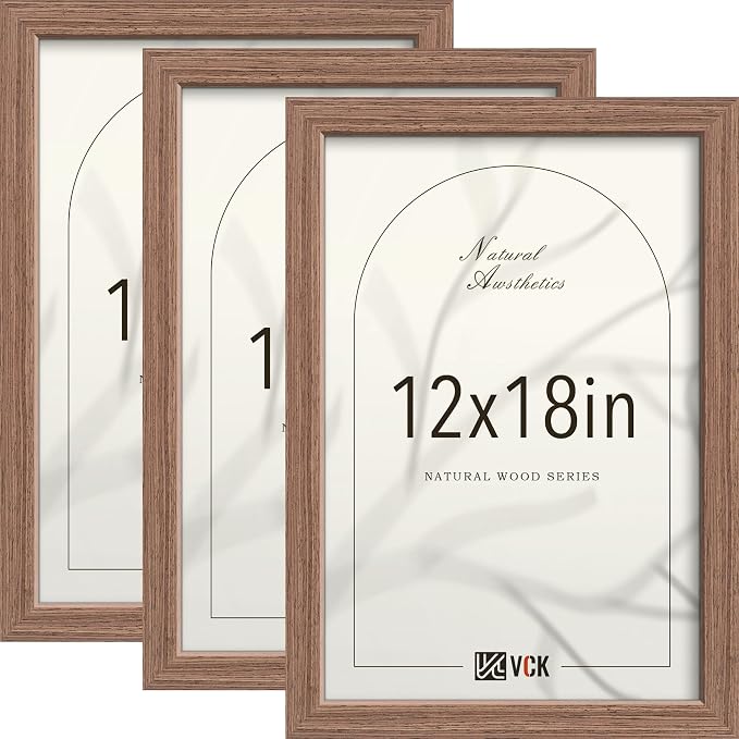 VCK 12x18 Picture Frame 3 Pack - Brown Wood Solid Poster Frames, Textured Exclusive Wood Wall Gallery Frame