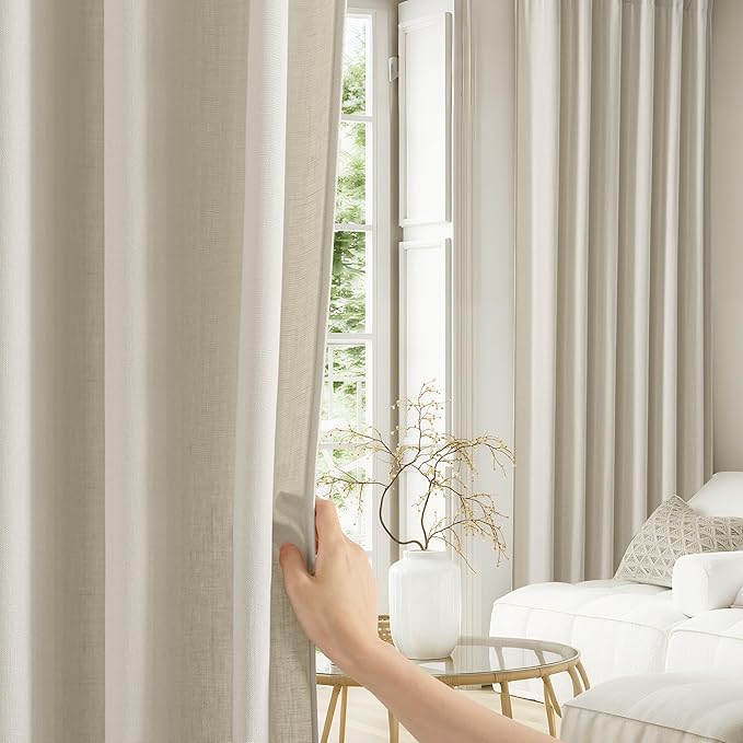 NICETOWN Beige Cotton Linen Curtains 84 inch Long 2 Panels Set, 55" Wide Flax Belgian Linen Blend Organic Privacy Window Drapes Rod Pocket & Back Tab with Light Filtering for Bedroom/Living Room