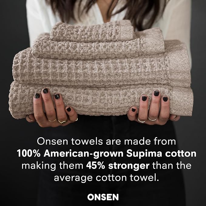 ONSEN Supima® Waffle Bath Towel Set, Quick Dry Lint Free 100% USA Cotton, Bath Hand and Face Towel Bundle, 3 Piece (Oatmeal, Bath Towel Set)