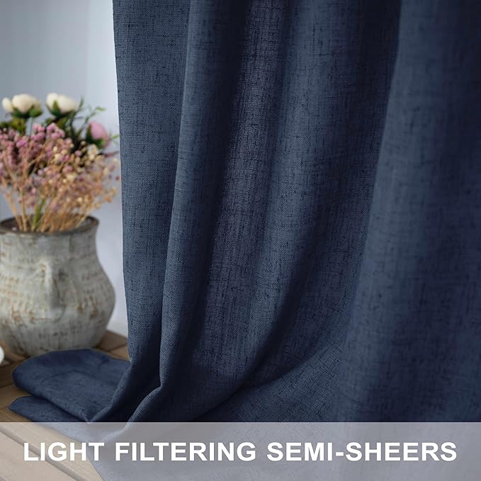 Navy Curtains 108 Inches Long for Living Room 2 Panels Set Back Tab Pocket Light Reducing Semi Transparent Soft Linen Airy Flowy Dark Blue Sheer Curtain for Dining Room Large Windows Sliding 9 FT Tall
