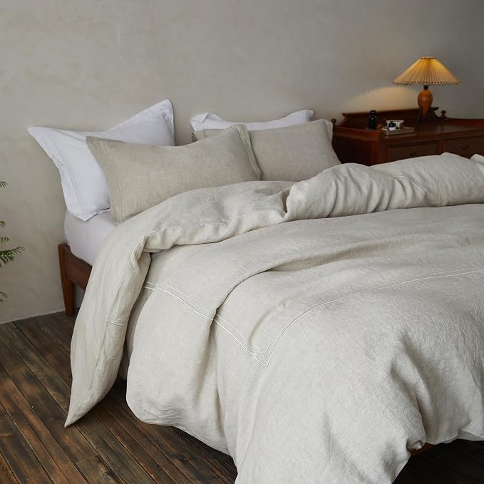 Simple&Opulence 100% Washed Linen Duvet Cover Set 104"x92" - 3 Pieces Soft Farmhouse Comforter Set Double Embroidered with Button Closure - 1 Duvet Cover and 2 Pillowshams (Linen, King)