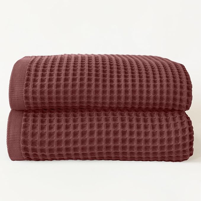 Premium Waffle Bath Towels Pack of 2 Extra Large 35x71 inch - 100% Turkish Cotton, Waffle Weave, Quick Dry, Lint Free, Oversized, Thin Bath Sheet Towel (Dark Red, Set of 2 Bath Towels)