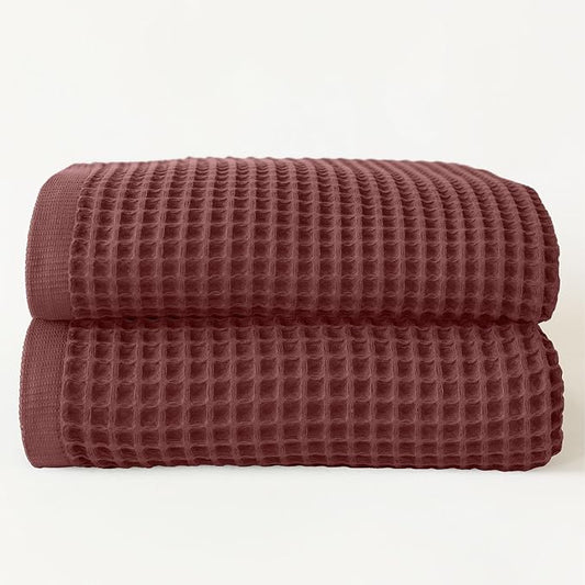 Premium Waffle Bath Towels Pack of 2 Extra Large 35x71 inch - 100% Turkish Cotton, Waffle Weave, Quick Dry, Lint Free, Oversized, Thin Bath Sheet Towel (Dark Red, Set of 2 Bath Towels)