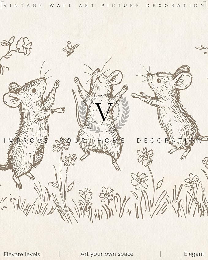 Vodefoad Mouse Sketch Vintage Wall Art Retro Nursery Dancing Mice Art Print Neutral Cottagecore Nursery Decor Farmhouse Rustic Mice Wall Decor for Gallery Nursery Bedroom Bathroom Office - 8x10Inch Unframe