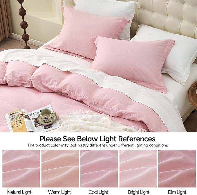 Simple&Opulence French Linen Duvet Cover Set 78" x 86"- 3 Pieces (1 Comforter Cover,2 Pillowcases)- Natural Flax Cotton Blend-Solid Color Breathable Farmhouse Bedding- Pale Pink, Full