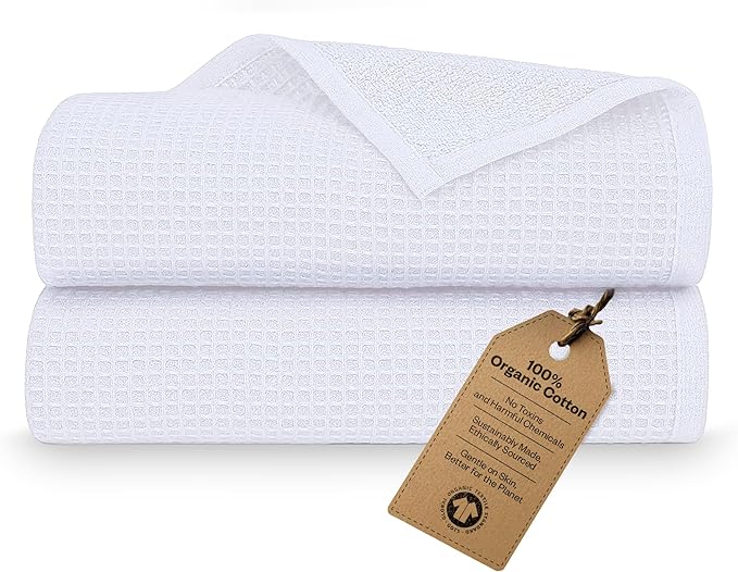 100% Organic Cotton Bath Sheet Set of 2 | Luxury 650 GSM Beach & Spa Towel Sheet | Soft Extra Large Quick Dry Towel for Bathroom | Waffle Terry Weave | White 35x70