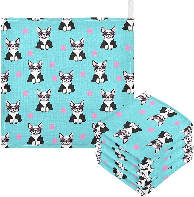 Baby Funny French Bulldog Msulin Washcloths Newborn Face Towel - Baby Muslin Burp Cloths 5 Pack Soft Absorbent Natural Cotton Wash Towel 11.8"X11.8" Baby Bath Towels Wipes