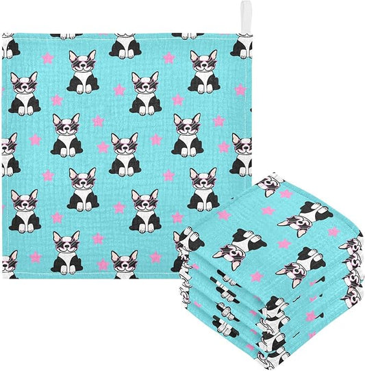 Baby Funny French Bulldog Msulin Washcloths Newborn Face Towel - Baby Muslin Burp Cloths 5 Pack Soft Absorbent Natural Cotton Wash Towel 11.8"X11.8" Baby Bath Towels Wipes