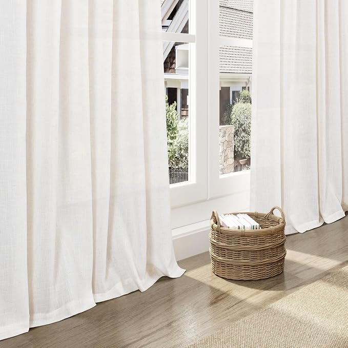 Ivory White Linen Curtains for Living Room 100 Inches Long Light Filtering Semi Sheer Curtain Back Tab Rustic Luxury Neutral Modern Farmhouse Decor Drapes for Bedroom Dinner Room 52x100, 2 Panels