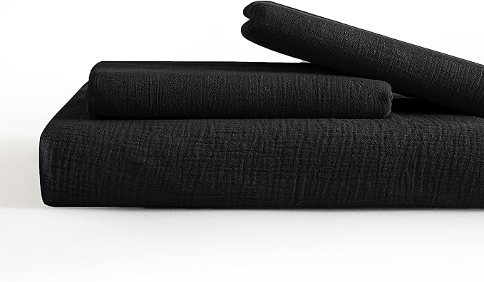 SE SOFTEXLY Muslin Duvet Cover Queen Size, 100% Washed Cotton Duvet Cover Set, Ultra Soft Comforter Cover Linen Like, 3 Pieces Minimalist Gauze Duvet Cover with 2 Pillowcases, 90"x90", Black