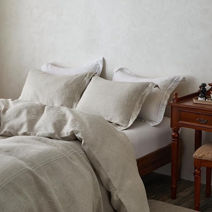 Simple&Opulence 100% Washed Linen Duvet Cover Set 68"x86" - 2 Pieces Soft Farmhouse Comforter Set Double Embroidered with Button Closure - 1 Duvet Cover and 1 Pillowsham (Linen, Twin)