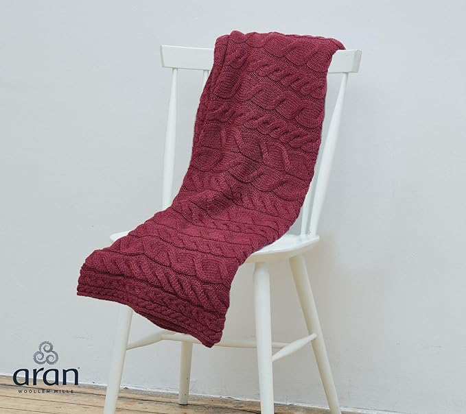 Aran Woollen Mills Irish Cable Knit Blanket Supersoft Merino Wool Throw Made in Ireland 40 inch x 60 inch (Jam Red)