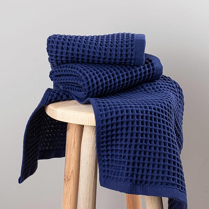 PÜSKÜL - Set of 3 Organic Waffle Hand Towel Navy - Premium Quality, 100% Turkish Cotton, Soft, Quick-Dry, Absorbent, Lint-Free Face Kitchen Hand Towels (Navy Blue, Hand Towels - Pack of 3)