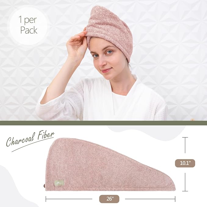 myHomeBody Hair Towel Wrap, Quick Drying Turban, Absorbent Cap – Pink | Hair Turban Towel for wet hair, Ultra Soft Charcoal Fiber Cap, Towel Head Wrap for bathing with Coconut Shell Button