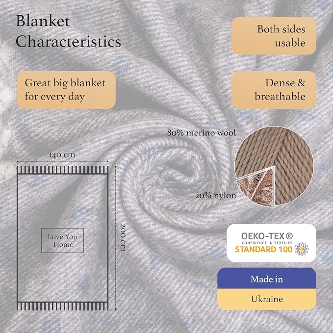 LYHome Merino Wool Blanket - Warm Throw for Cold Weather, Warmest Travel Outdoor Camping Blankets, Picnic Army and Military Throws, Comforter Soft & Cozy (55" x 79" Navy Blue with White Raindeers)