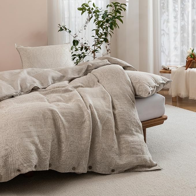 EVERLY 100% Pure Linen Duvet Cover Set Queen Size90X90Inch 3pcs (1 Duvet Cover,2 Pillowcases) Soft and Breathable for All Season with Coconut Button Closure, Suitable for Hot Sleepers-Linen-Queen