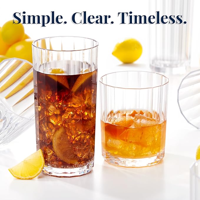 US Acrylic Faceted Clear Plastic Reusable Drinking Glasses Set of 8, 14oz Rocks and 18oz Water Tumblers, BPA-Free, Made in USA, Top-Rack Dishwasher Safe