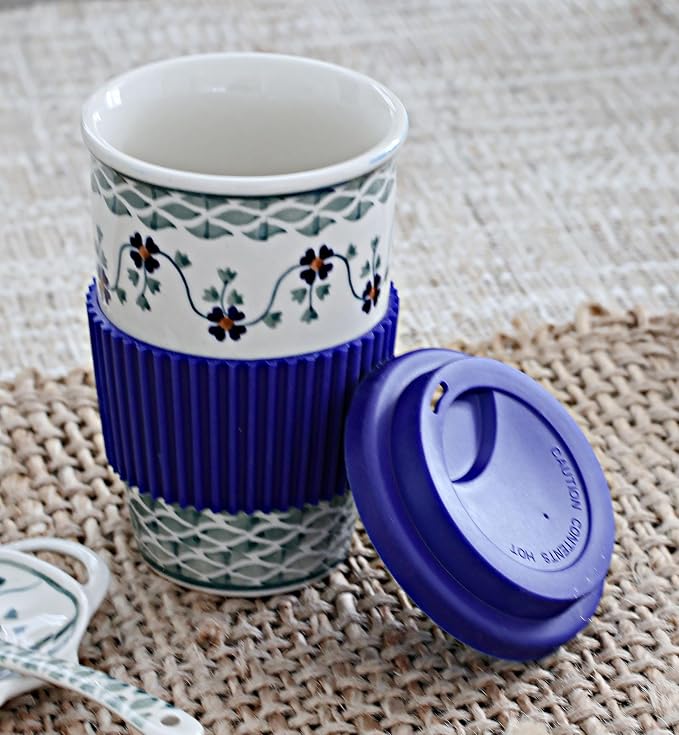 Blue Rose Polish Pottery - Green Sage Floral Travel Coffee Mug - 12 oz - Mug for On-The-Go, Fits Most Car Cup Holders