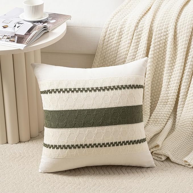Fancy Homi Set of 2 Boho Moss Green Euro Decorative Throw Pillow Cover 26x26 Inch for Couch Bed Bedroom, Aesthetic Modern Organic Farmhouse Room Decor, Soft Cotton Accent Macrame Woven Cushion Case