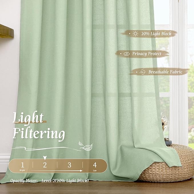 LAMIT Linen Curtains 84 inches for Bedroom, Faux Linen Textured Light Filtering Drapes Rod Pocket Boho Semi Sheer Panels for Farmhouse/Living Room, 2 Panels, 52 x 84 Inch, Light Green