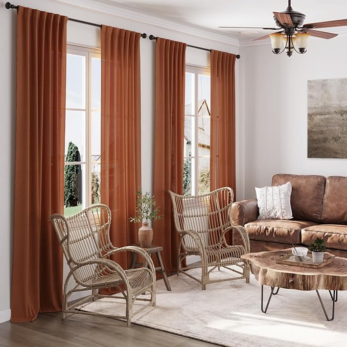 2 Panels Terracotta Linen Curtains 108 inches Long for Living Room Extra Long Back Tab Semi Sheer Rustic Farmhouse Boho Curtains Ceiling to Floor Length 108 inch for Large Window Rust Colored 9 FT