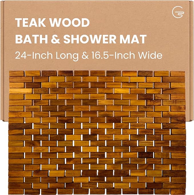 Teak Bath Mat & Shower Mat (24" x 16.5") | Wooden Flooring for Bathtub & Bathroom | Foldable & Non Slip Wood Bathmat