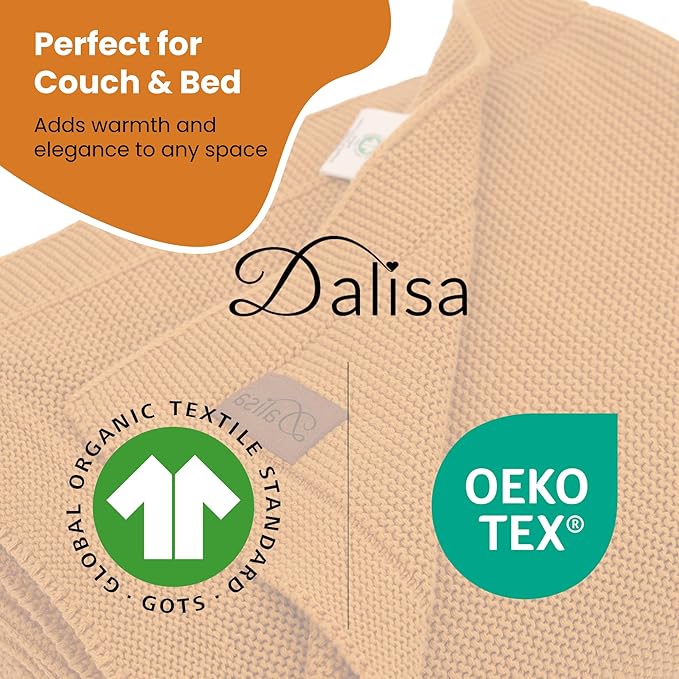 Dalisa 100% Organic Turkish Cotton Throw Blanket - GOTS Certified, Cozy - Perfect for Couch, Bed, and Home Decor - Boho Vintage Knit Alina (Saffron Gold, 60x80)