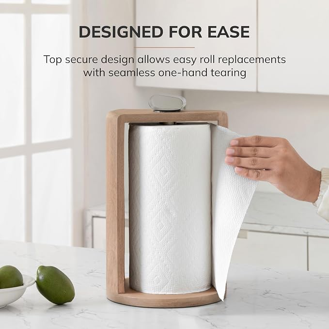 Anji Mountain Wooden Paper Towel Holder with Iron Holder, Holder Stand for Kitchen Roll Organizer & Kitchen Dining Table Home Décor, Countertop Fits Jumbo & Mega Rolls - Biscotti/Nickel, Top Load