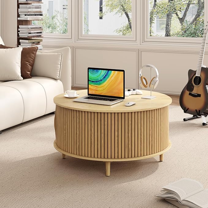 JOINICE 31.5" Round Coffee Table with Storage for Living Room, Natural Oak | Hidden Storage,Fluted Sliding Door,Boho Center Table for Small Apartments,Solid Wood Legs,Easy Assembly,Up to 110 lbs