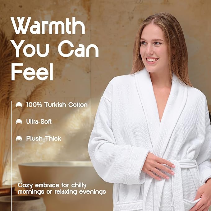 White Classic Waffle Bathrobe for Women, Men, 100% Turkish Cotton, Luxury Terry Interior, Waffle Exterior, One Size Fits Most