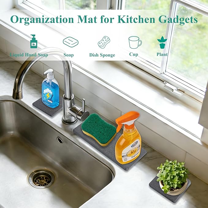 3PCS Water Absorbing Stone Tray, Drying Neat Diatomite Stone Sink Tray, Instant Dry Sink Coasters, Kitchen Sponge Hand Soap Holder, Countertop Fast Drying Counter Trays