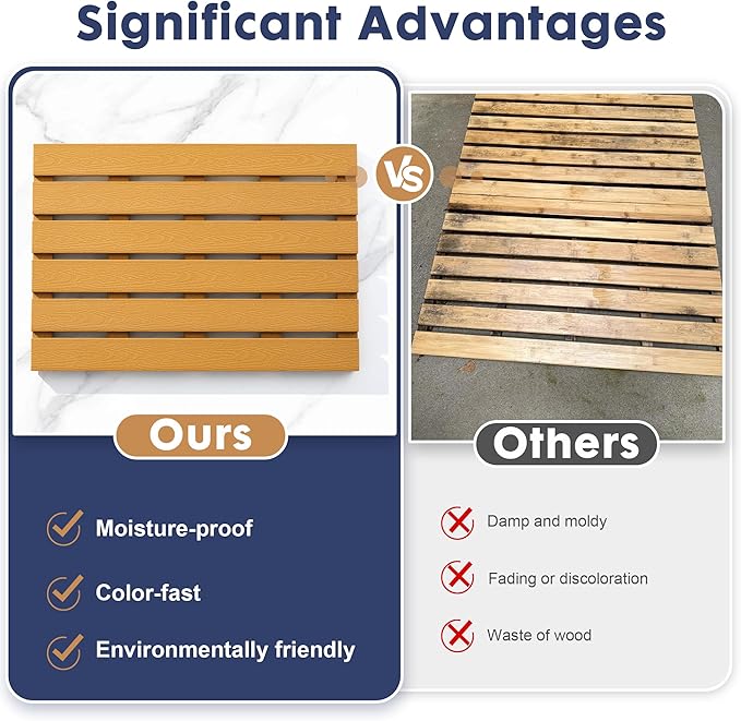 Bamboo-Design Bath Mat, Heavy Duty HDPS Plastic, 19.7" x 13.8", 400lb Support, 100% Waterproof & Fadeproof, Superior to Real Bamboo for Bathroom Spa Sauna Poolside Outdoor (Bamboo Color)