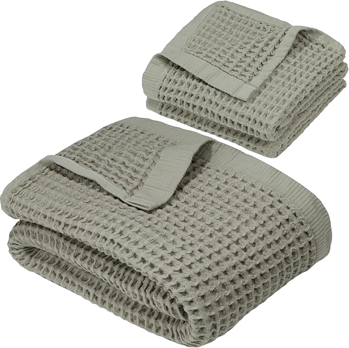 DEMMEX Organic Cotton Waffle Weave Turkish Towel Set for Bathroom, 1 Bath & 2 Large Hand Towels, 100% Oeko-TEX Certified Premium Turkish Cotton, Super Soft Lightweight Quick Dry (Beige)
