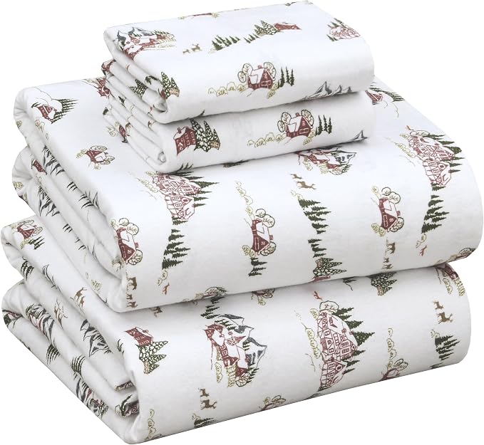 RUVANTI Flannel Sheets Full Size - 100% Cotton Double Brushed Bed Sheets Set, Deep Pockets 16 Inches, All Seasons Breathable & Extra Soft Full Sheets, Warm & Cozy, 4 Piece, Hilly Huts