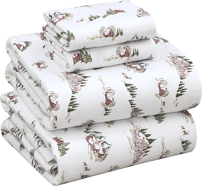 RUVANTI Flannel Sheets King Size - 100% Cotton Double Brushed King Bed Sheets Set - Deep Pockets 16 Inches - All Seasons Breathable & Extra Soft - Warm & Cozy, 4 Piece, Hilly Huts